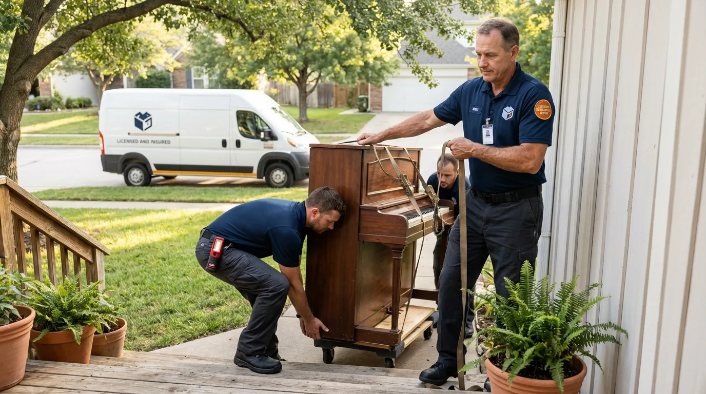 Licensed piano movers securing grand piano in Port Jervis, NY