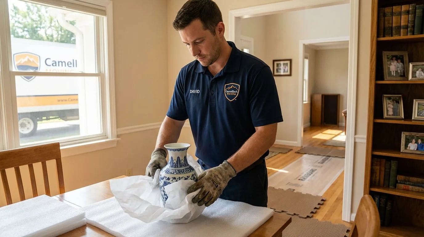 Professional crew carefully wrapping antique vase for senior downsizing move in Port Jervis, NY